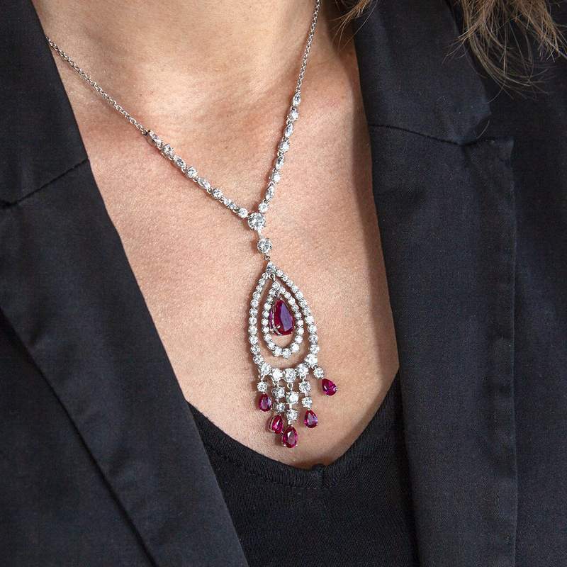 Collier argent 925, pierres synthétiques rouge zirconias 45 cm - vue 1