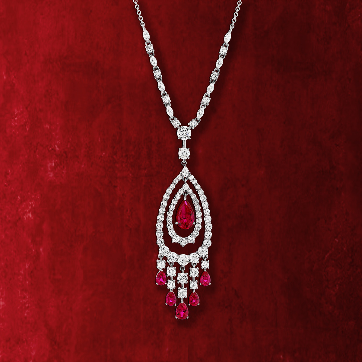 Collier argent 925, pierres synthétiques rouge zirconias 45 cm - vue D1