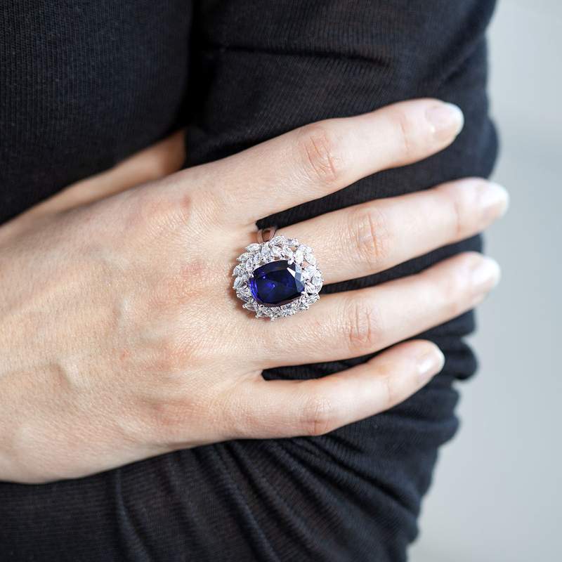 Bague argent 925 saphir synthétique zirconias - vue 1