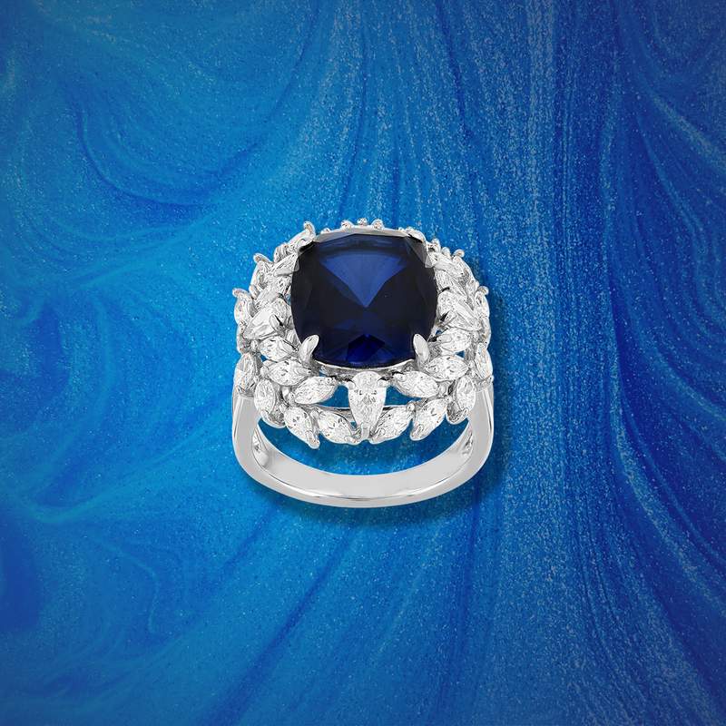 Bague argent 925 saphir synthétique zirconias - vue D1