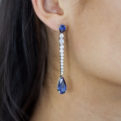 Boucles d'oreilles pendants argent 925, pierres synthétiques bleues zirconias - vue 1