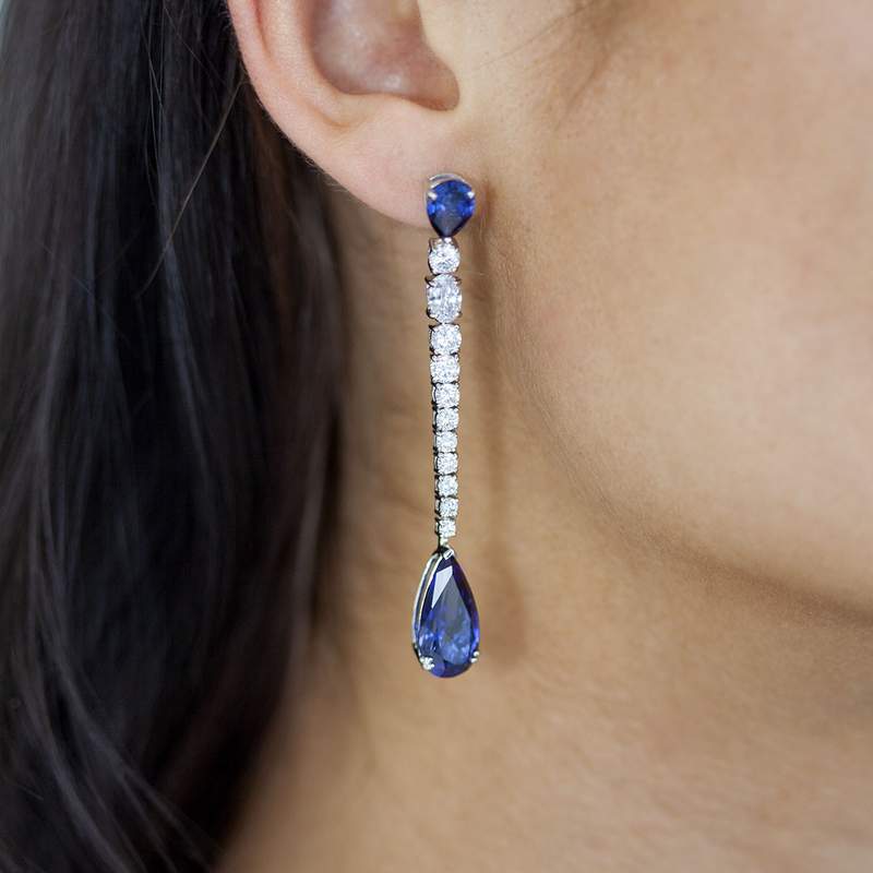 Boucles d'oreilles pendants argent 925, pierres synthétiques bleues zirconias - vue 1