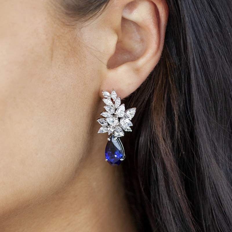 Boucles d'oreilles pendants argent 925 pierres synthétiques bleues zirconias - vue 1