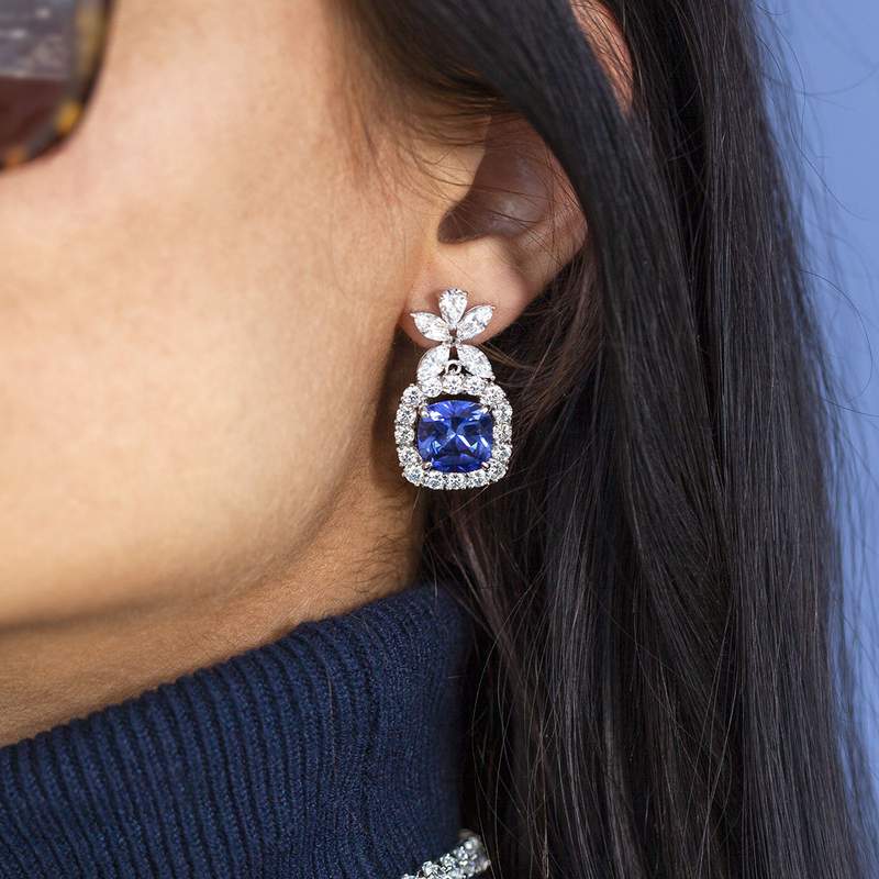 Boucles d'oreilles pendants argent 925 pierres synthétiques bleues zirconias - vue 1