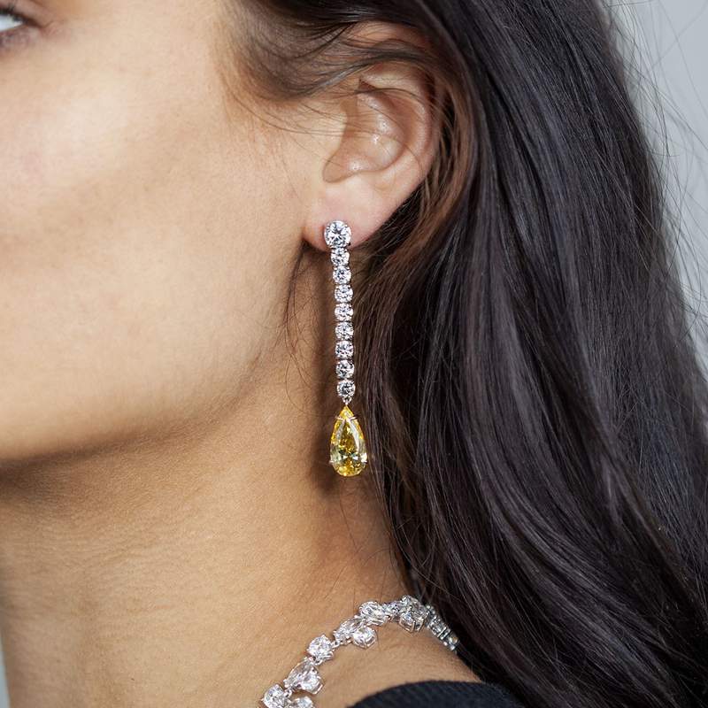 Boucles d'oreilles pendants argent 925 zirconias jaunes et blancs. - vue 1
