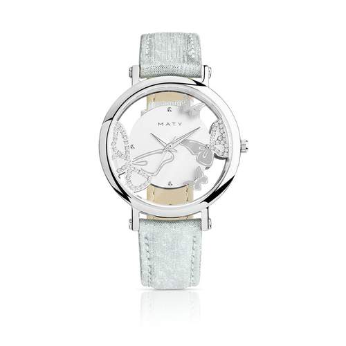 Women's butterfly-themed watch with a steel case and leather strap