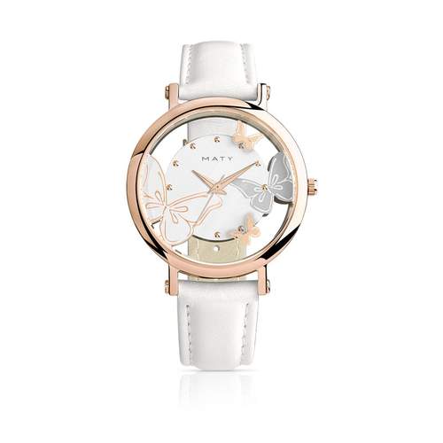Montre femme papillons acier rose bracelet cuir blanc