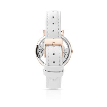 Montre femme papillons acier rose bracelet cuir blanc