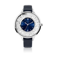 Montre femme chromée bracelet cuir pierres imitation