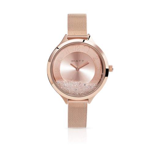 Montre femme doré rose et strass bracelet acier maille milanaise