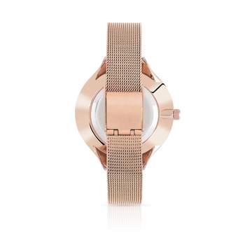 Rose gold and rhinestones ladies' watch with stainless steel Milanese link bracelet