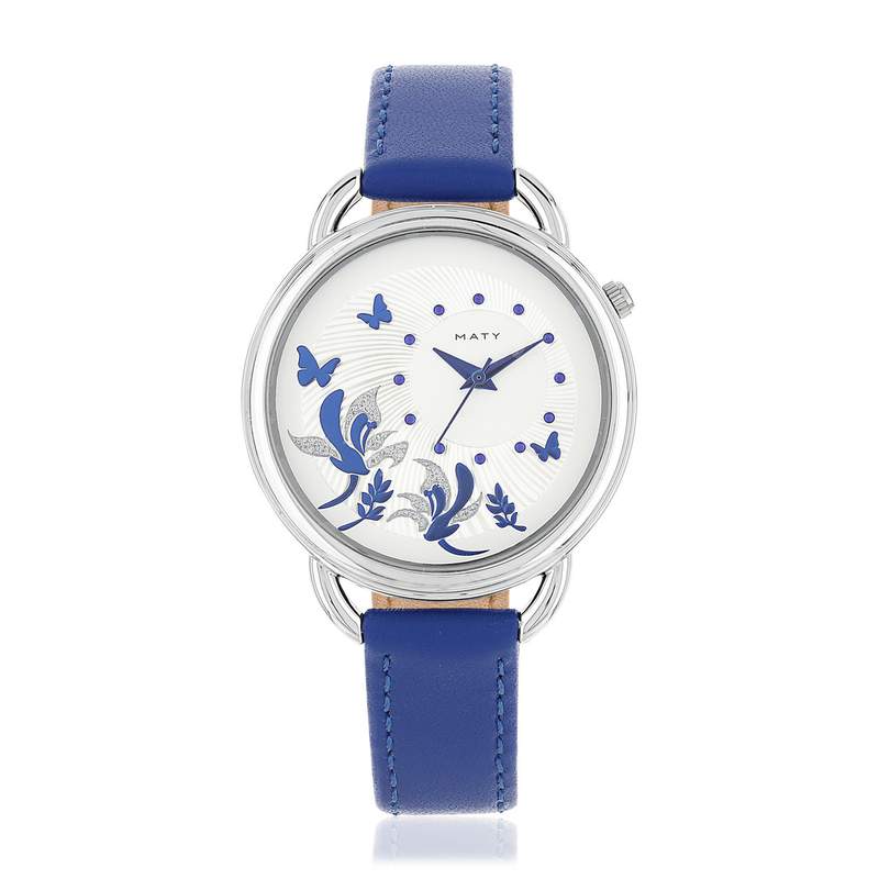 Montre femme chromée papillons bracelet cuir bleu - vue 1