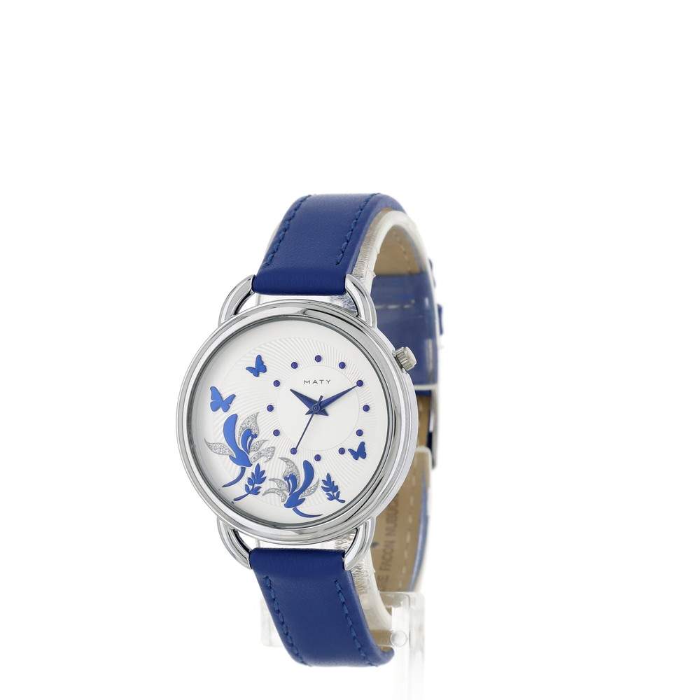 Montre femme chromée papillons bracelet cuir bleu - vue 2