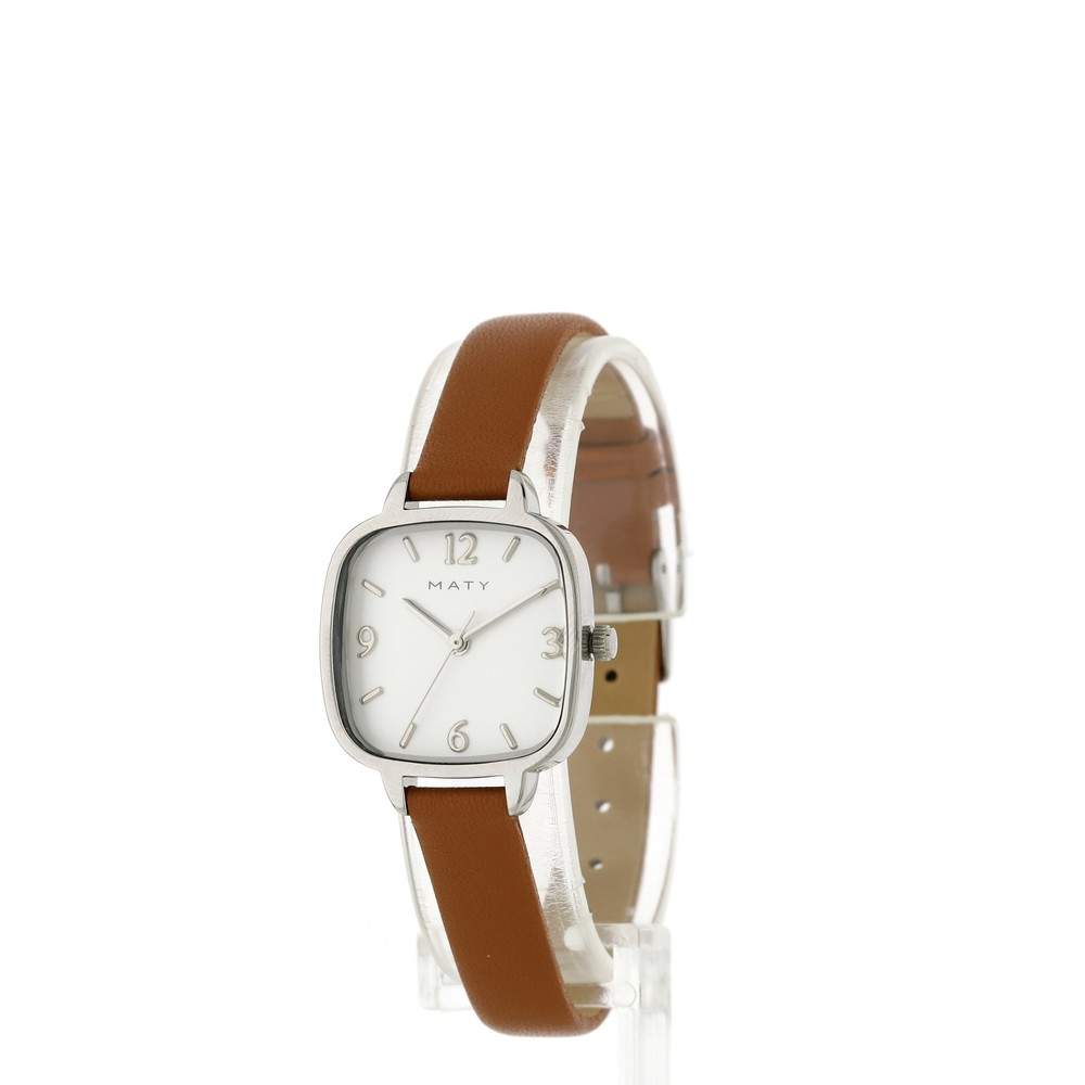 Montre femme acier carrée bracelet cuir marron - vue 2