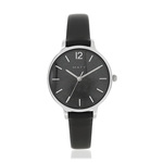 Montre chromée bracelet cuir noir - vue 1