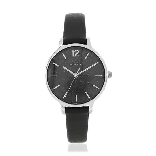 Montre chromée bracelet cuir noir