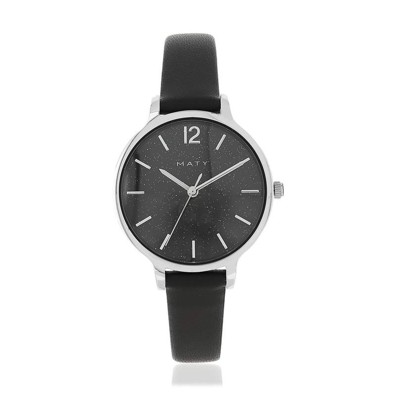 Montre chromée bracelet cuir noir - vue 1