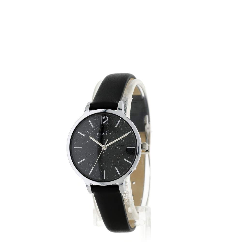 Montre chromée bracelet cuir noir - vue 2