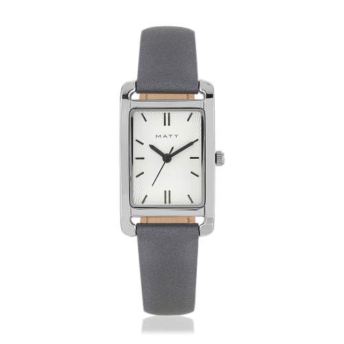 Montre femme rectangulaire chromée bracelet cuir gris foncé