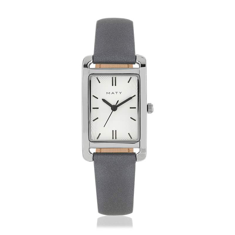 Montre femme rectangulaire chromée bracelet cuir gris foncé - vue 1