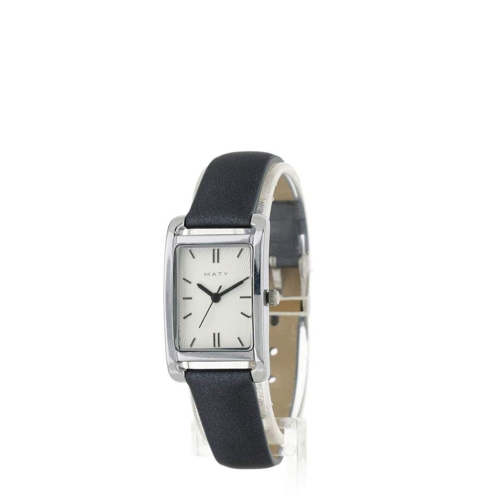 Montre femme rectangulaire chromée bracelet cuir gris foncé - vue 2