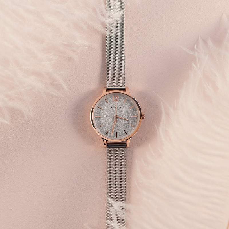 Montre femme dorée rose bracelet maille milanaise acier - vue D3