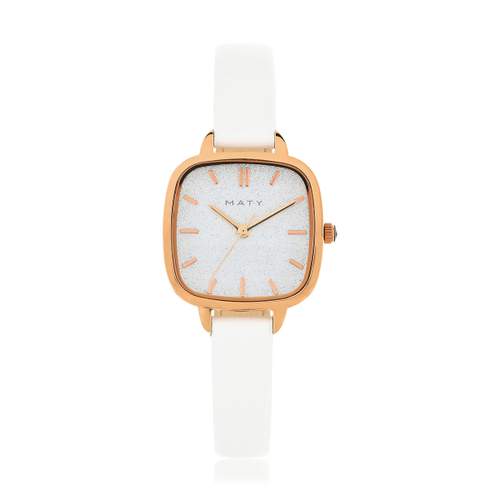 Pink gold ladies' watch with white leather strap