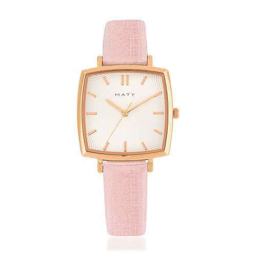 Montre dorée rose cuir rose brillant