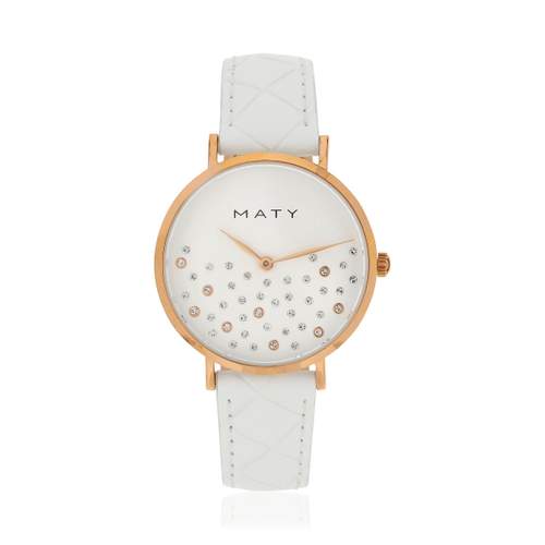 Montre femme acier doré rose bracelet cuir blanc