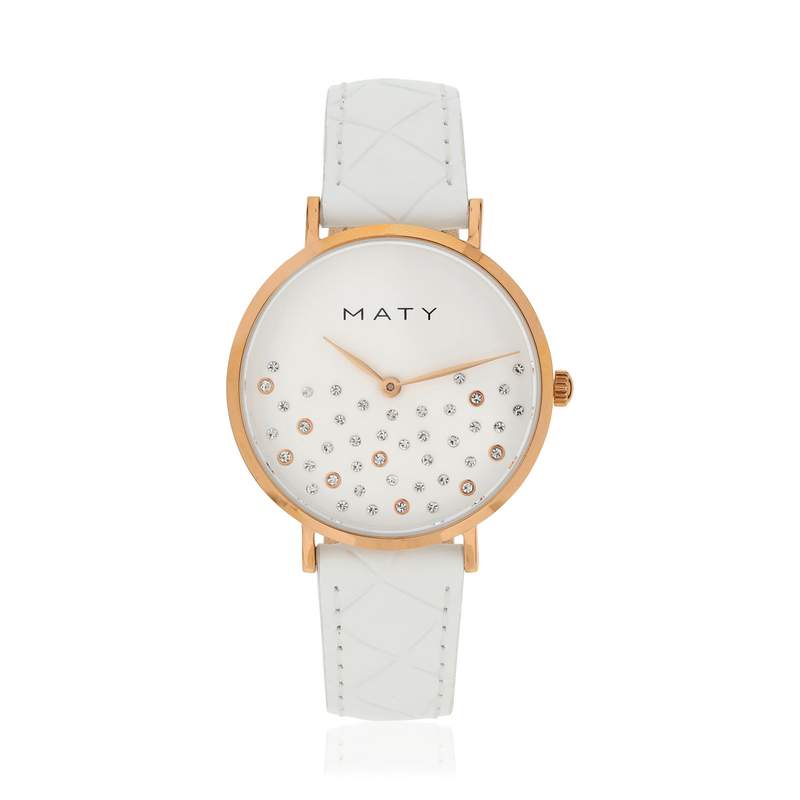 Montre femme acier doré rose bracelet cuir blanc - vue 1