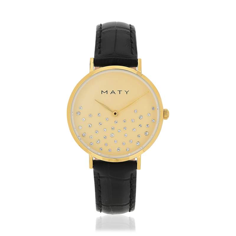 Montre femme acier doré bracelet cuir noir - vue 1