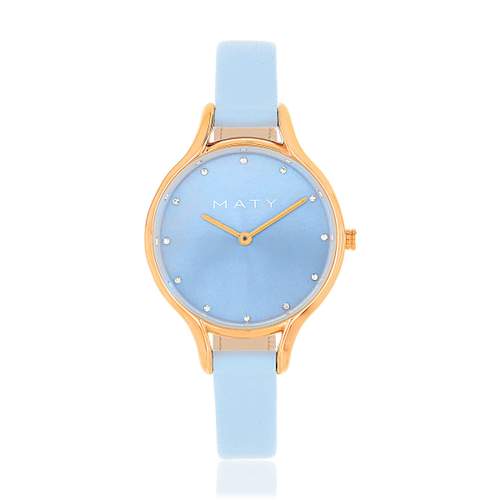 Pink gold ladies watch with sky blue leather strap