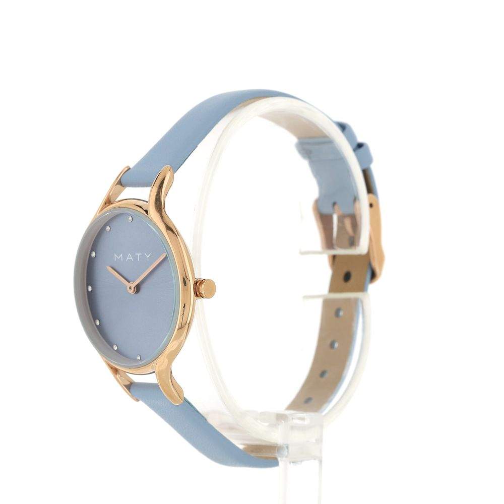 Montre femme dorée rose bracelet cuir bleu ciel - vue 4