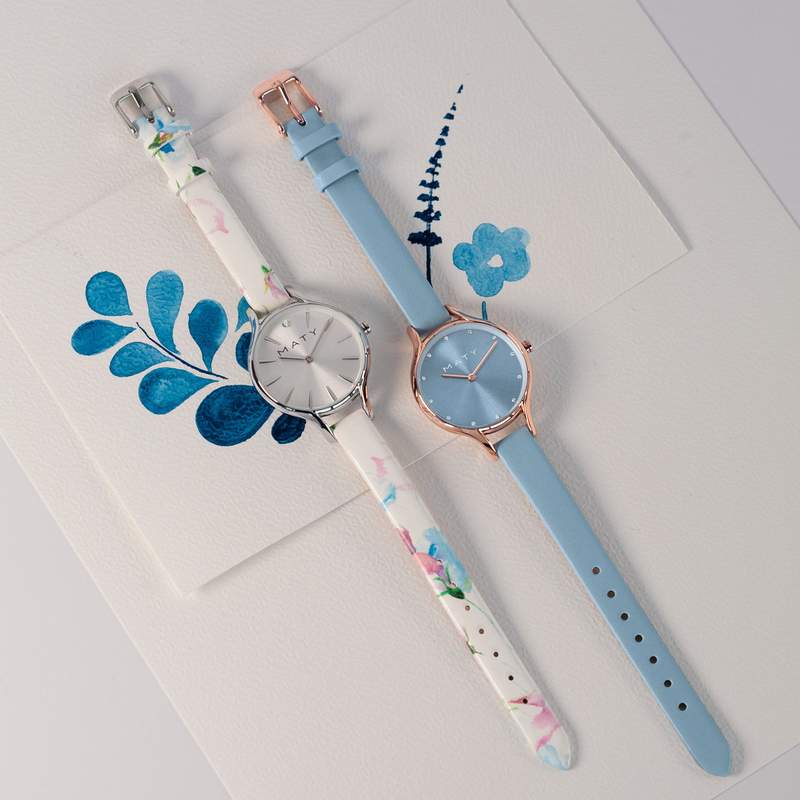 Montre femme dorée rose bracelet cuir bleu ciel - vue D3