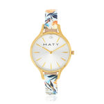 Montre femme dorée jaune bracelet cuir fleurs tropicales - vue 1
