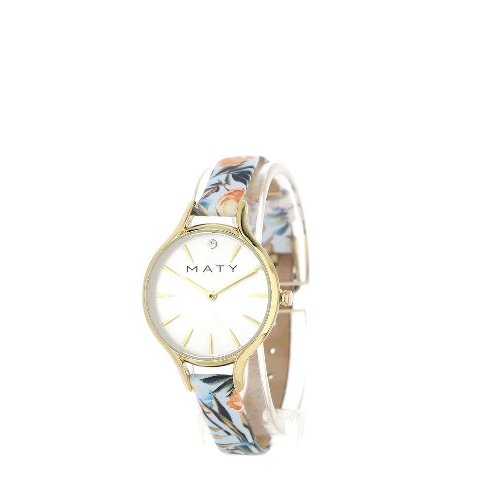 Montre femme dorée jaune bracelet cuir fleurs tropicales - vue 2