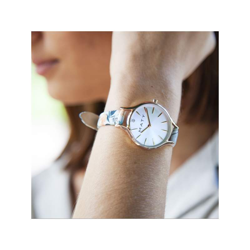 Montre femme dorée jaune bracelet cuir fleurs tropicales - vue porté 2