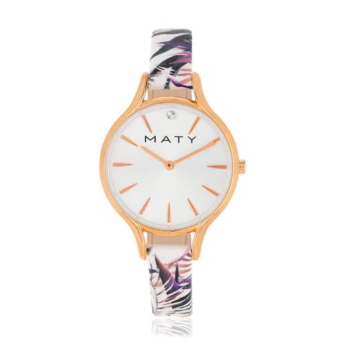 Pink gold ladies' watch with tropical flowers leather strap