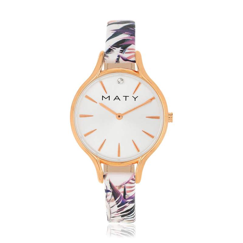 Montre femme dorée rose bracelet cuir fleurs tropicales - vue 1
