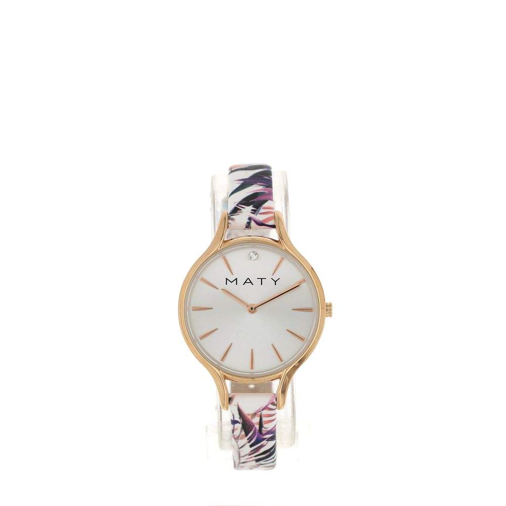 Montre femme dorée rose bracelet cuir fleurs tropicales - vue 1