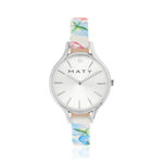 Montre femme chromée bracelet cuir fleurs tropicales - vue 1