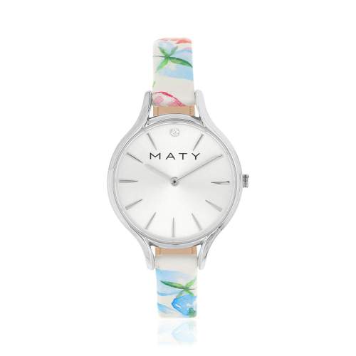 Chromed ladies' watch with tropical flowers leather strap
