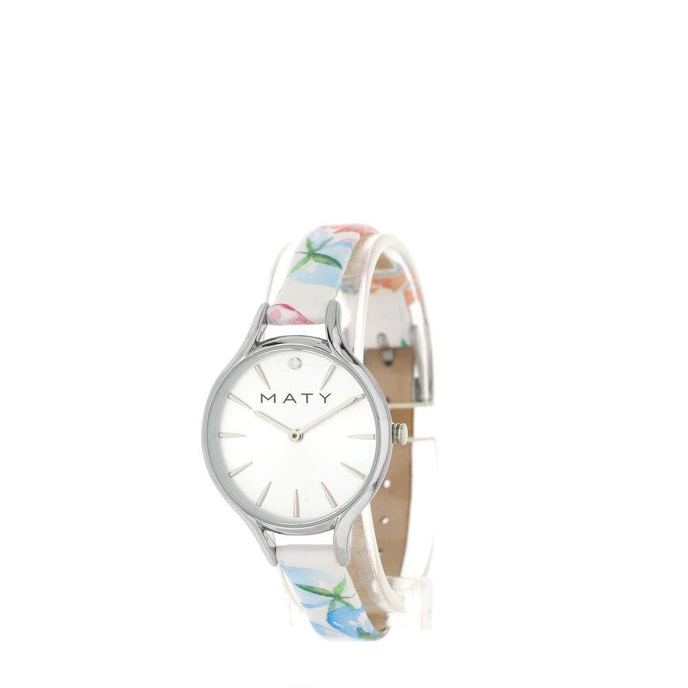 Montre femme chromée bracelet cuir fleurs tropicales - vue 2