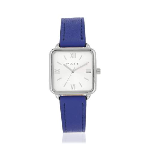 Montre femme chromée carrée bracelet cuir bleu