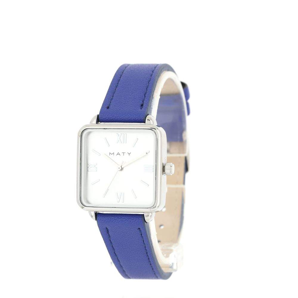 Montre femme chromée carrée bracelet cuir bleu - vue 2