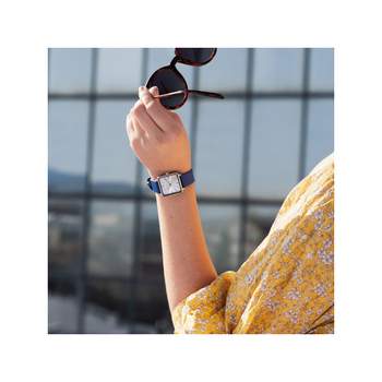 Women's square chrome watch with blue leather strap