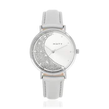 Women's chrome watch with metallic gray leather strap