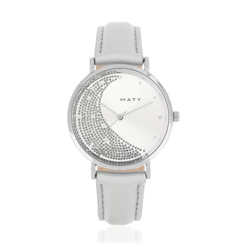 Montre femme chromée bracelet cuir gris métallisé