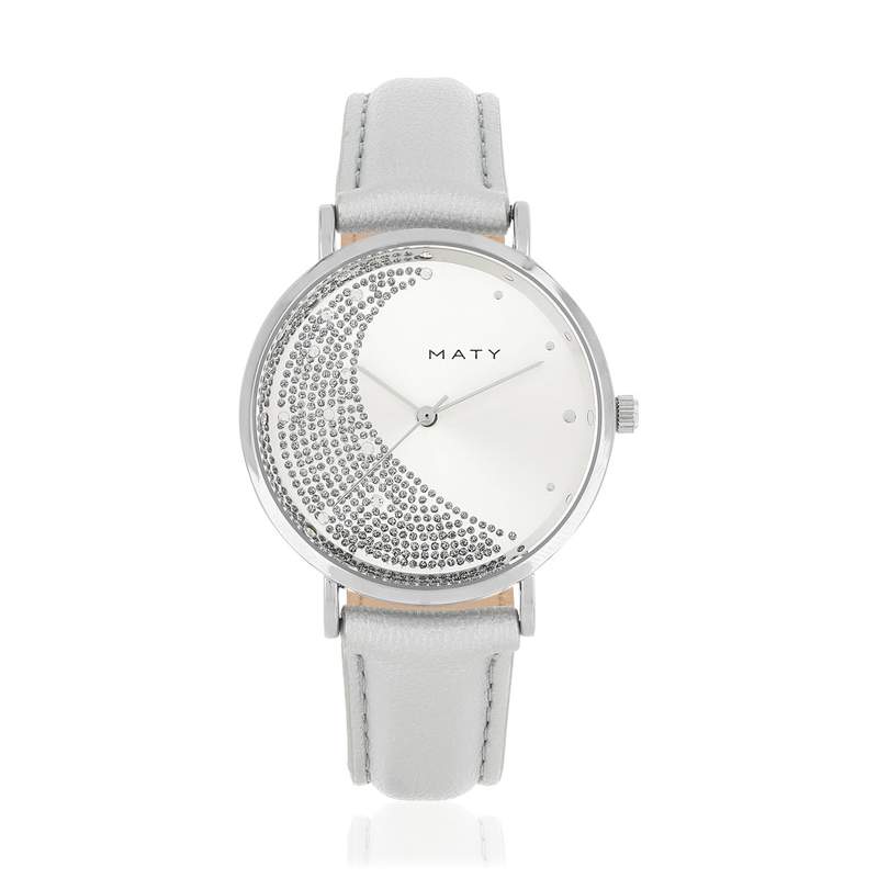 Montre femme chromée bracelet cuir gris métallisé - vue 1