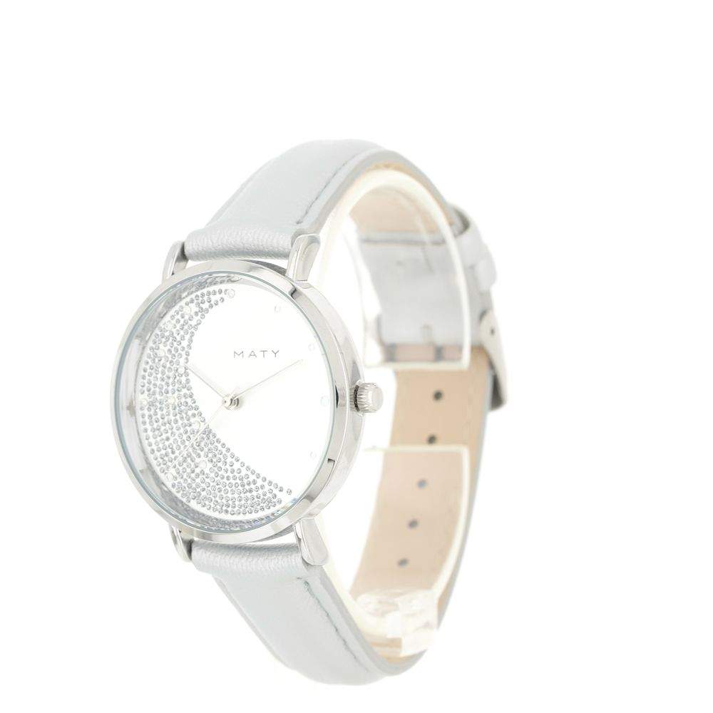 Montre femme chromée bracelet cuir gris métallisé - vue 3